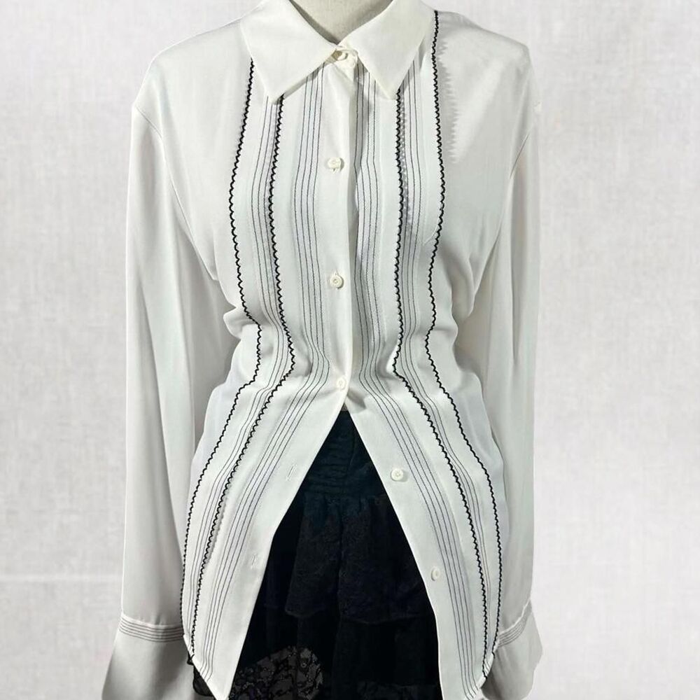 Coquette Office Contrast Trim White and Black Long Sleeve Button Up Top